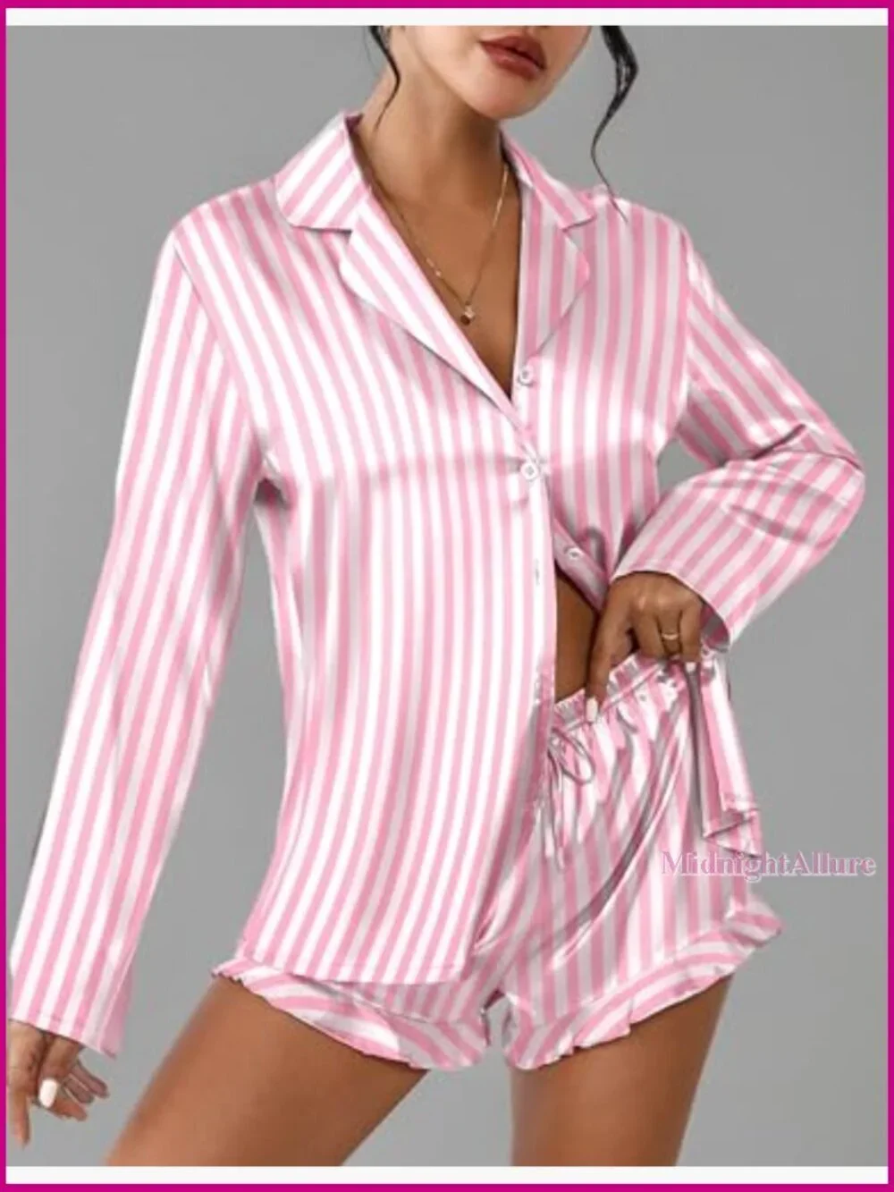 Long Sleeve Satin Pajama Set with Shorts Button Down Sleepwear